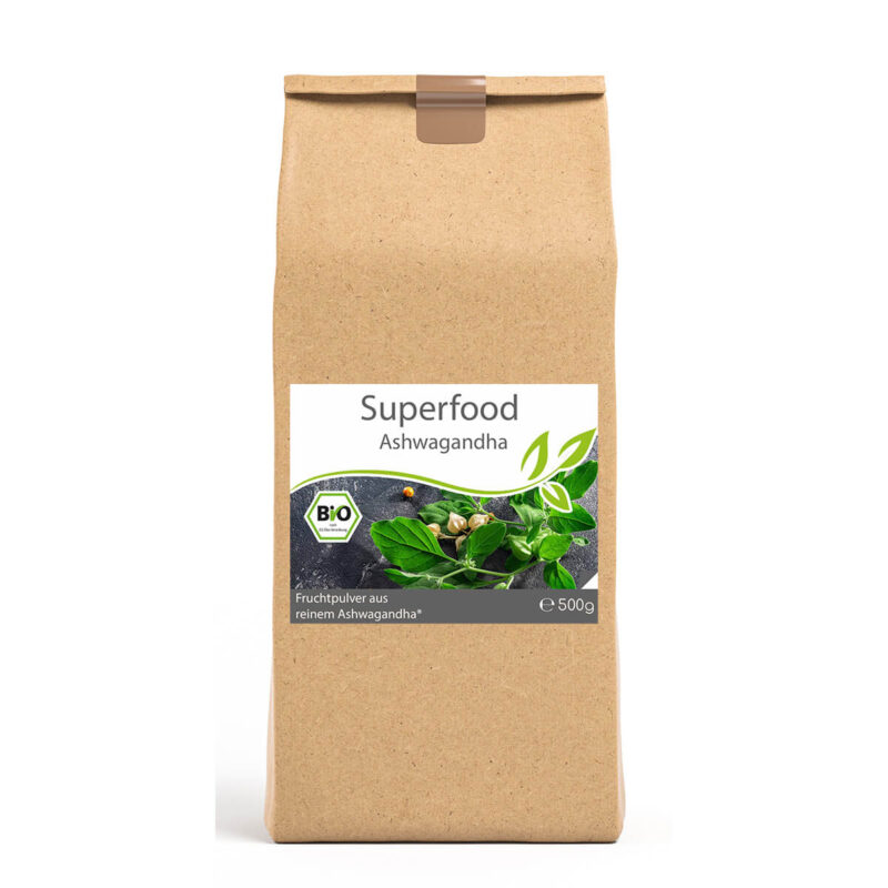 Superfood Ashwagandha bio Pulver – 500g Vorratsbeutel