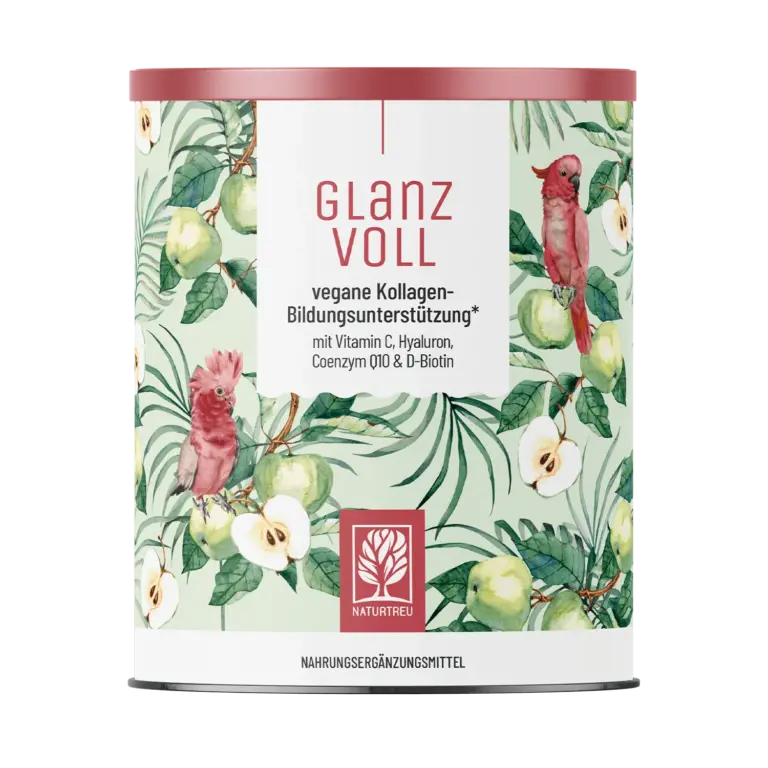 Glanzvoll: Vegane Kollagen-Bildungsunterstützung mit Vitamin C, Hyaluron, Q10 & D-Biotin – 1 Dose