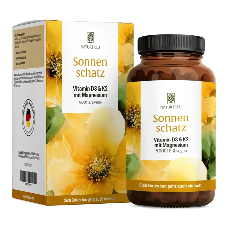 Sonnenschatz: Veganes Vitamin D3 5.000 I.E. mit K2 & Magnesium (5 Tage Depot)